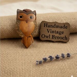 Vintage 1970s Folk Art Handmade Carved Wooden Owl Brooch